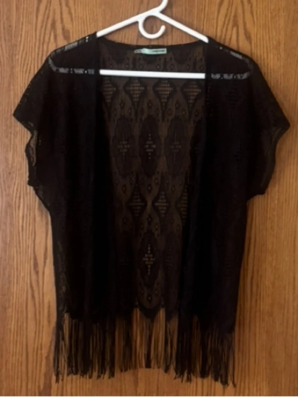 Black Lace Kimono Fringe Hem Boho Festival Cover Up S/M
